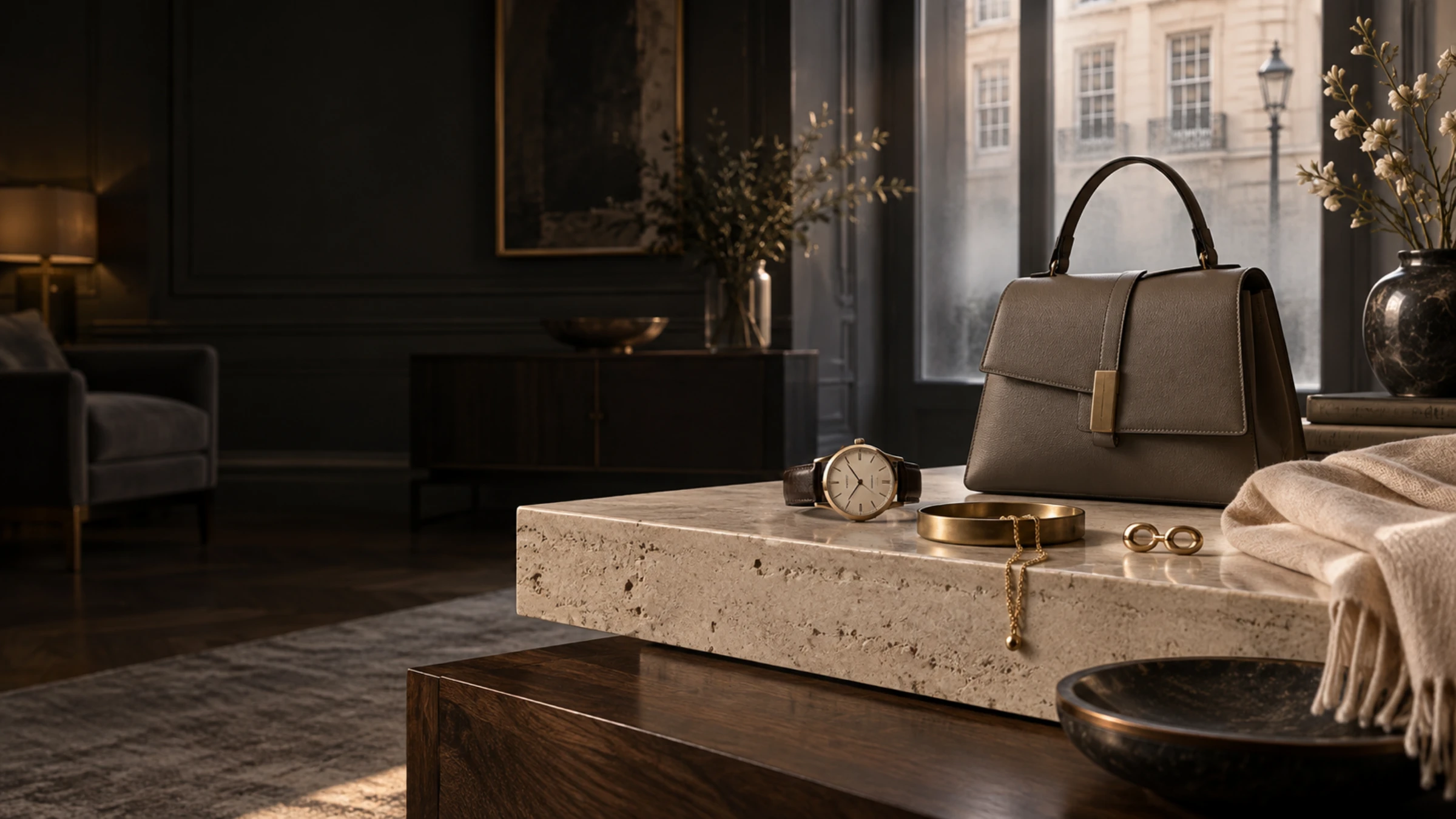Curated watch, leather bag, jewellery and fine fabric in a private London salon