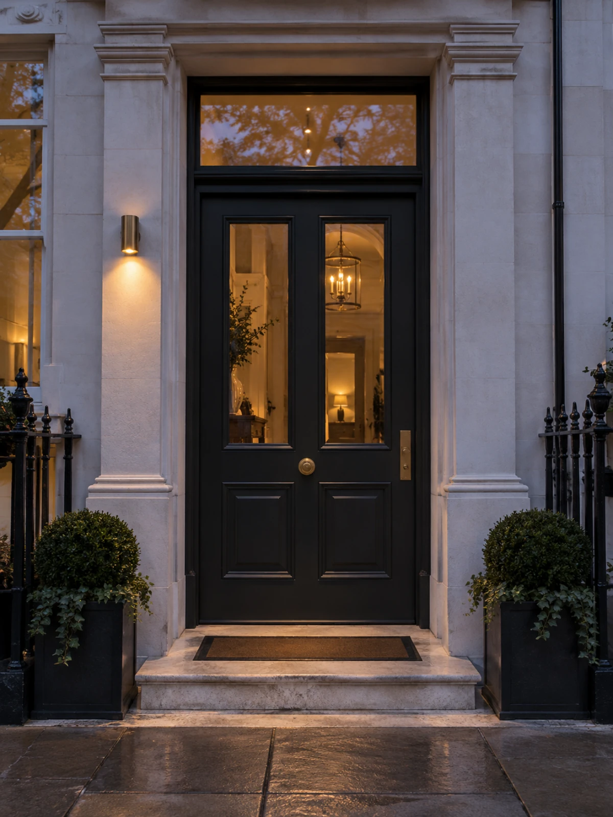 Elegant Mayfair office entrance with a warm light at dusk