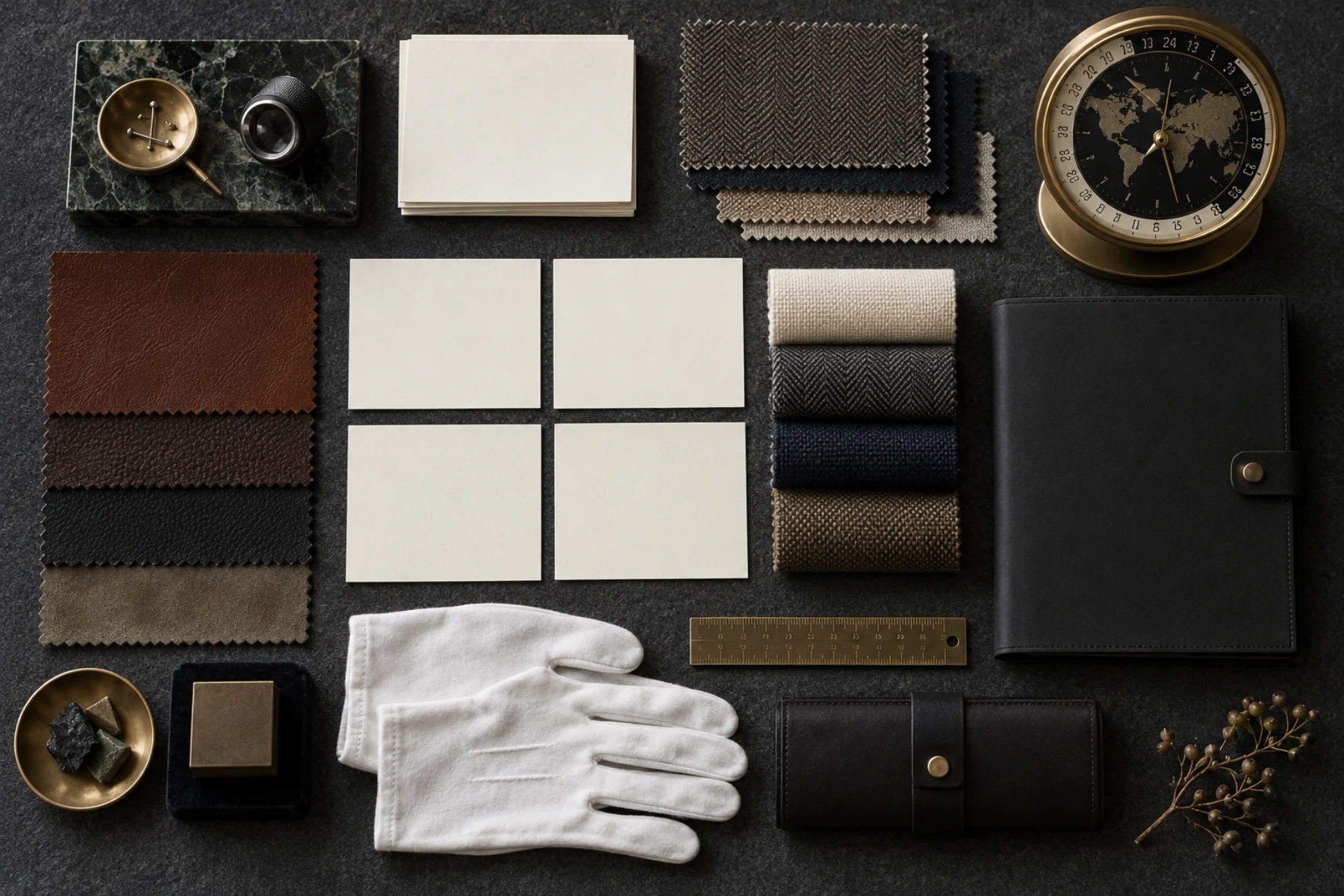 Luxury sourcing tools and specification materials arranged on a working desk